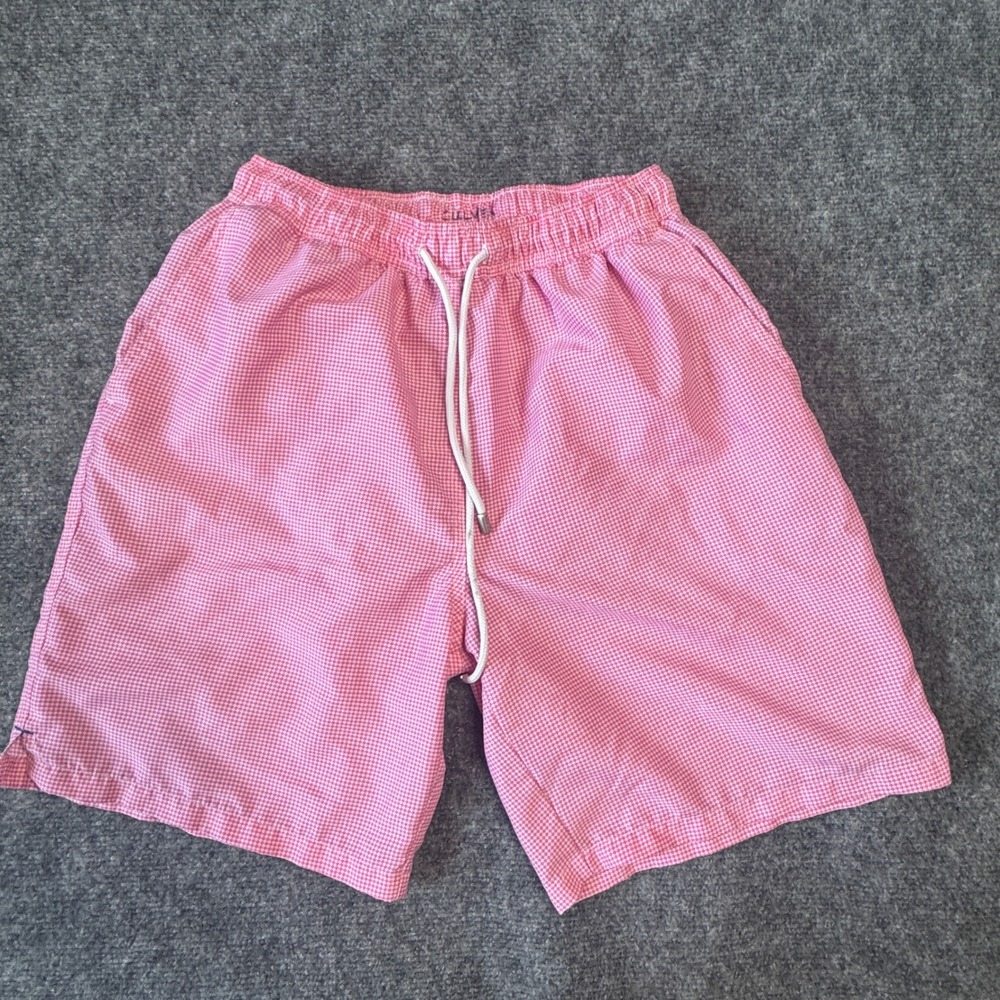 Peter Millar Swim Trunk Boys M Pink Houndstooth Swim Trunks Mesh Lined‎ Beach